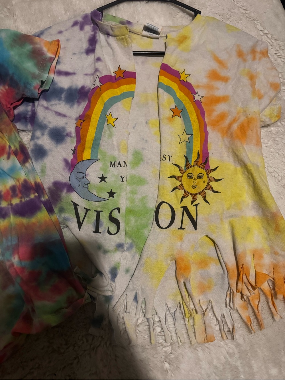 Tie-Dye Sun & Moon Fringe Tee with Rainbow Graphic